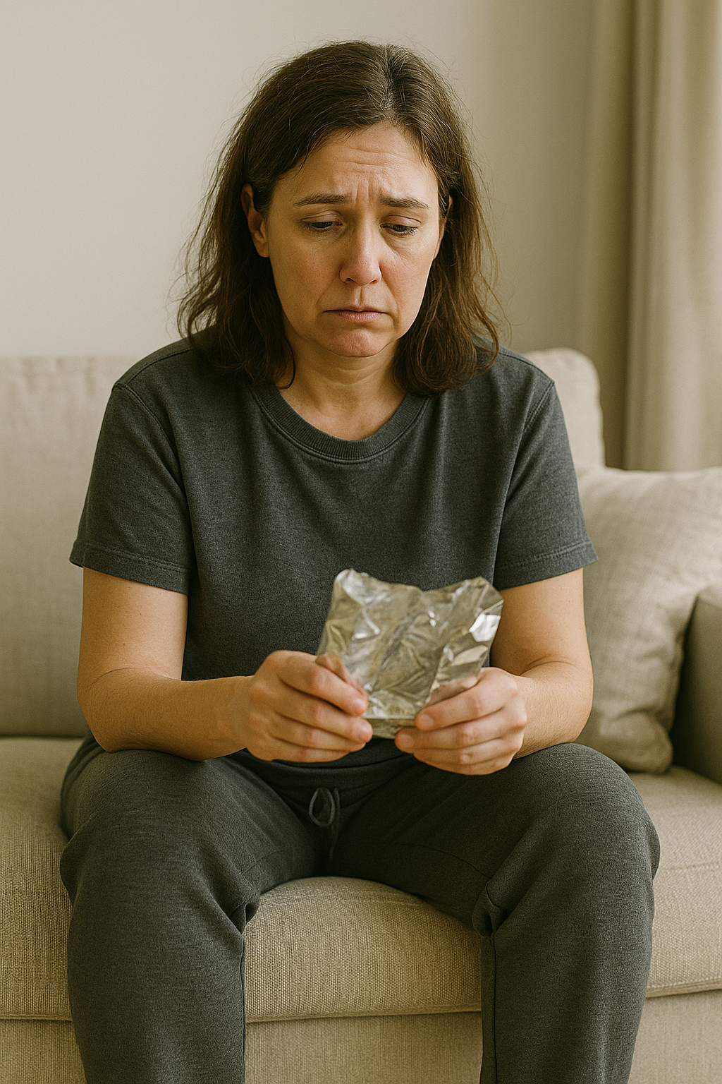 Femme honteuse devant un paquet vide qu'elle a mangé symbolisant la culpabilité après l'alimentation émotionnelle