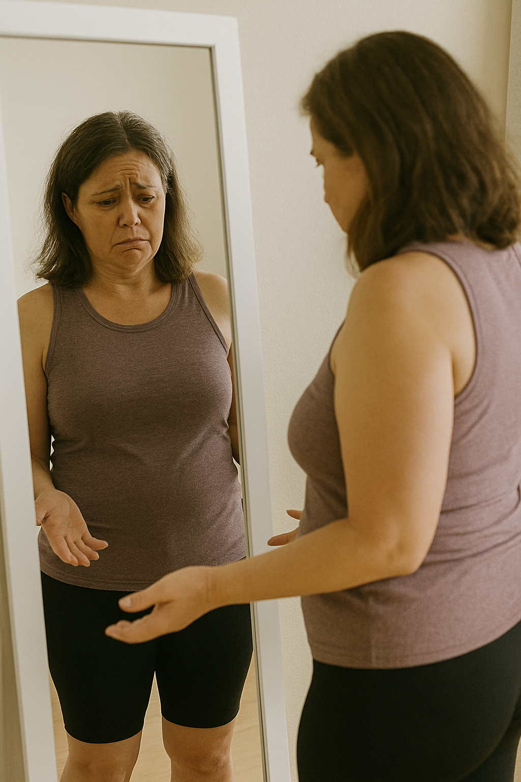 Femme désespérée devant sa glace ne se reconnaissant pas avec ses kilos en trop