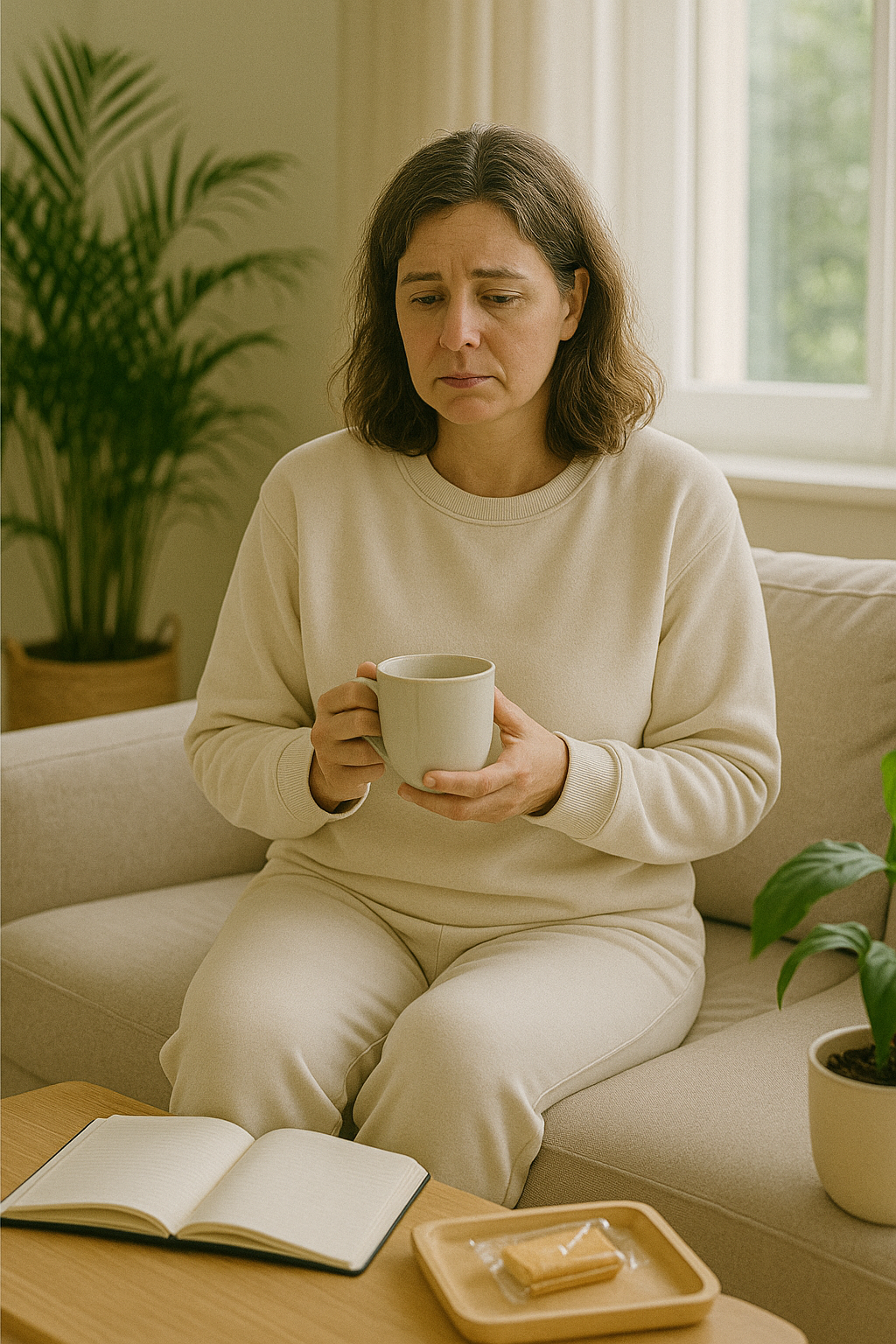 Femme pensive, soucieuse en pensant à ses problèmes de poids