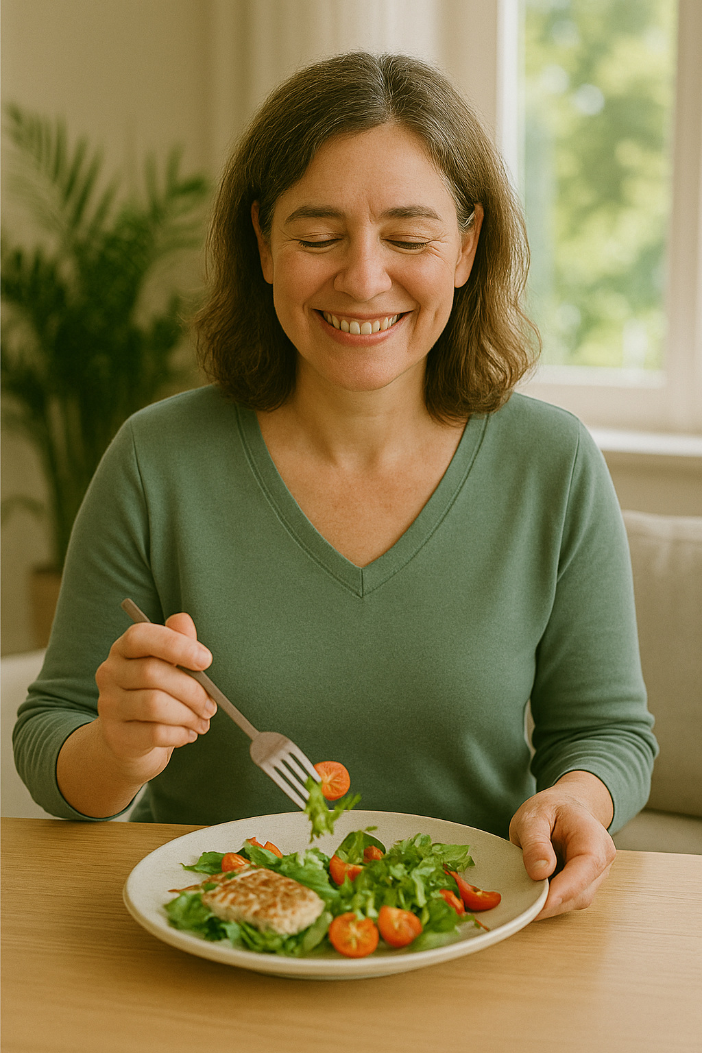 Femme souriante en train de manger